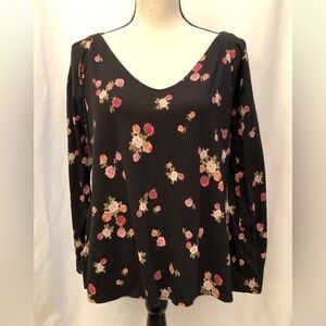 J Jill Luxe Supima Boat Neck Tee Shirt Black Pink Floral Blouse Size Small
